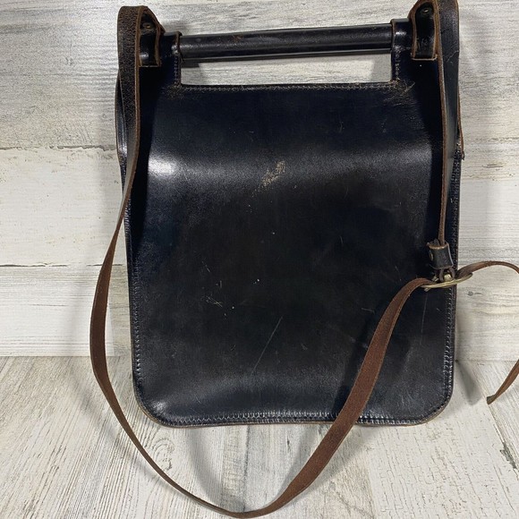 Vintage Cheney England Black Leather Saddle Bag No Key Crossbody Steampunk - Picture 2 of 10